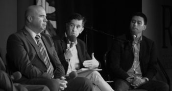 At Southern California public radio KPCC’s Take Two taping held on the U of R campus, Professor Steven Wuhs (center) says it’s his priority to ensure a supportive and safe environment for students. Other contributors to the discussion included San Bernardino Police Chief Jarrod Burguan ’07, ’10 (left) and Dorian Merina, reporter/producer for KPCC. (Photo by Coco McKown '04 '10)